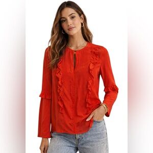 Silk LK Bennett Vibrant Red  Ruffle Silk Blouse Size 6 Old Money Quiet Luxury